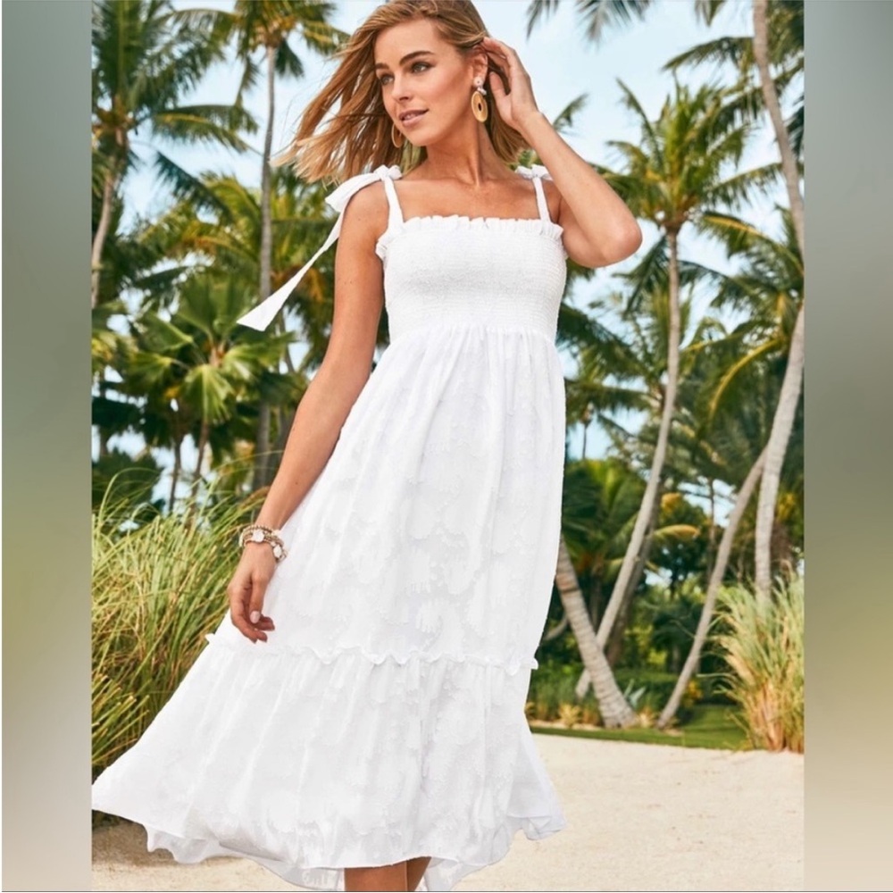 Lilly Pulitzer Rivera Smocked Tie Shoulder Midi Maxi Dress. Resort White.size S